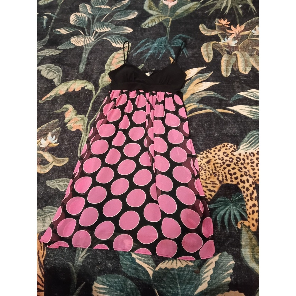 Y2K Kupcake Pink Polka Dot Babydoll Dress S Black Sheer Overlay Tie Back USA